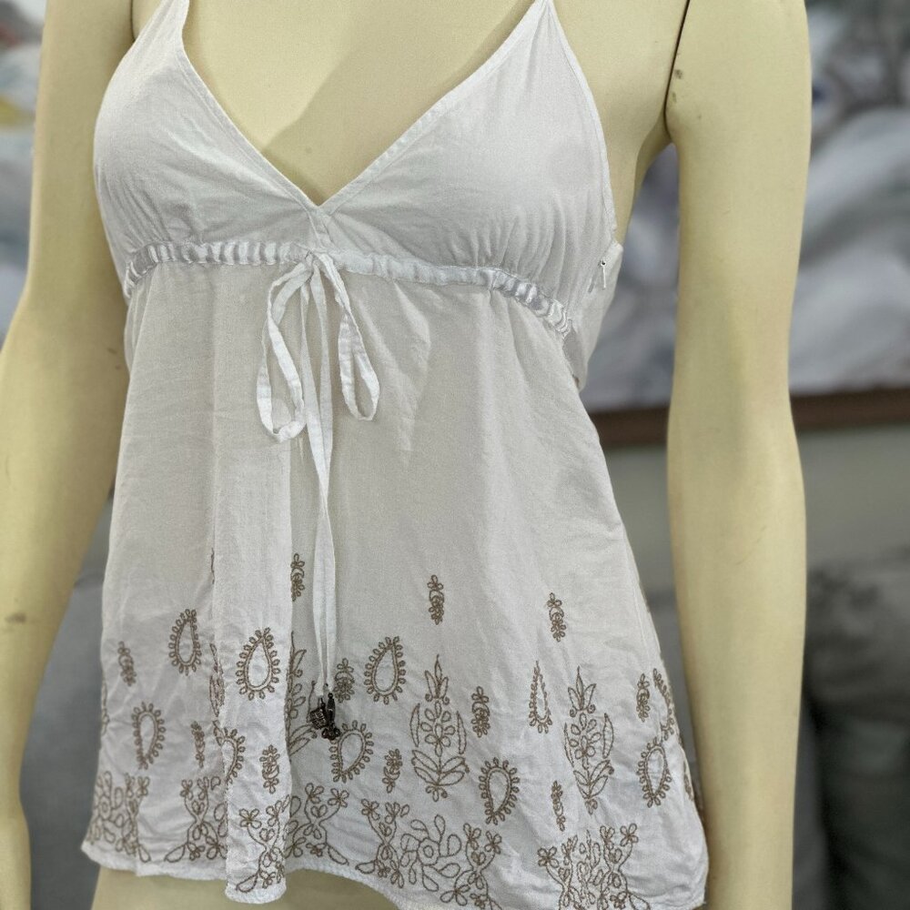 Vintage Y2K Guess Jeans Cotton Embroidered Self-Tie Halter Top Hidden Zip Small
